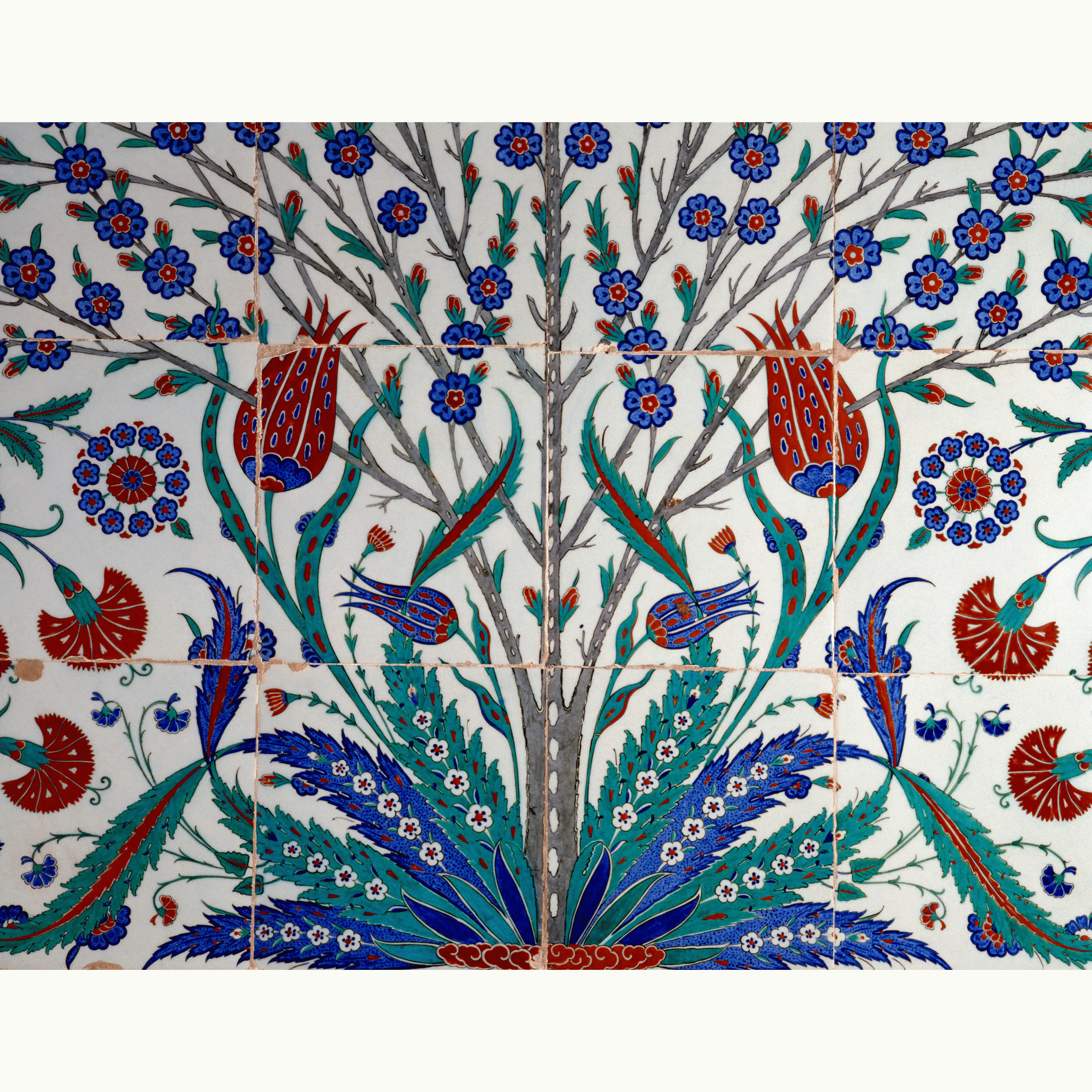 Ottoman Tree of Life detail, turquoise and red botanical motifs