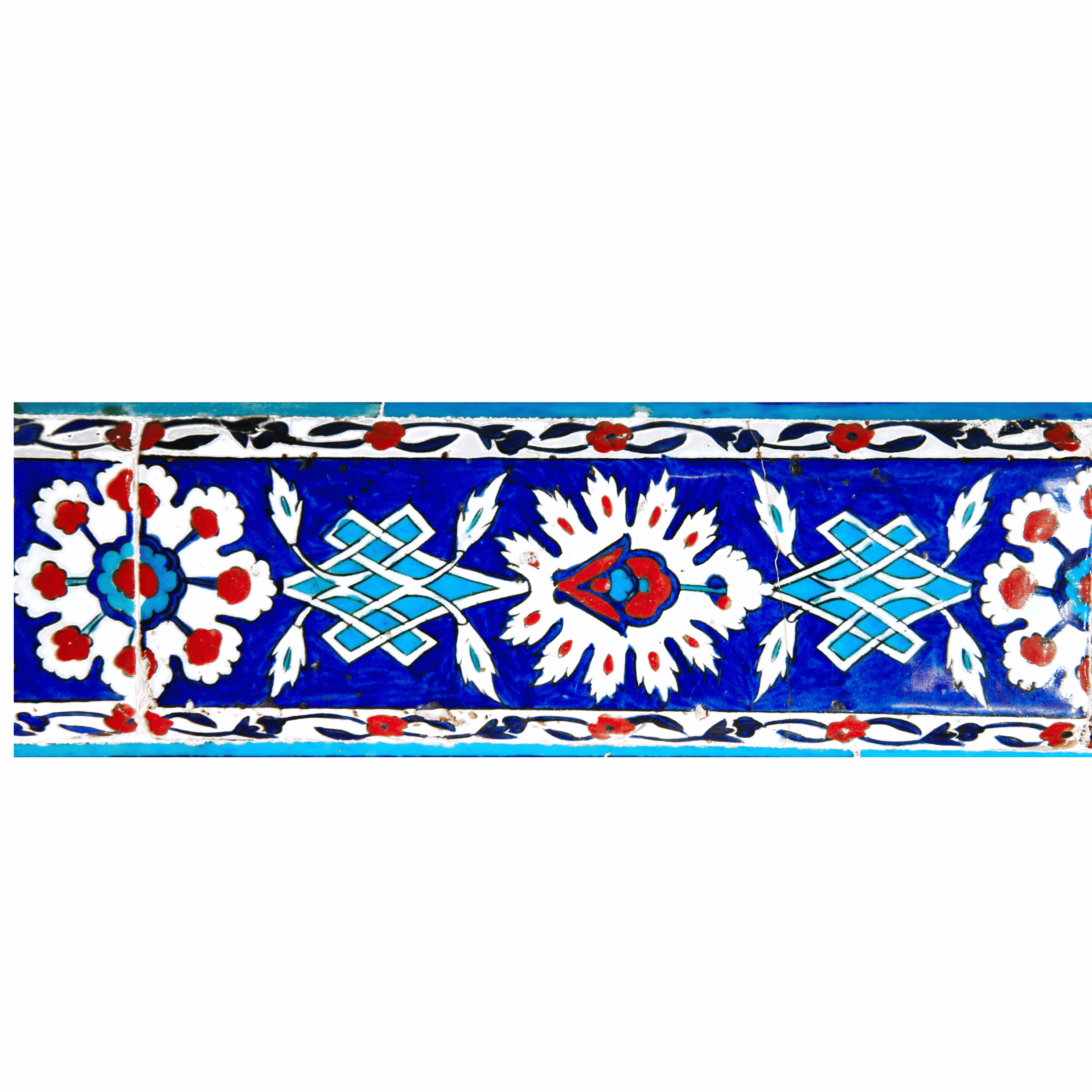 Ottoman border frieze tile, cobalt blue ground with white chrysanthemum and geometric interlace